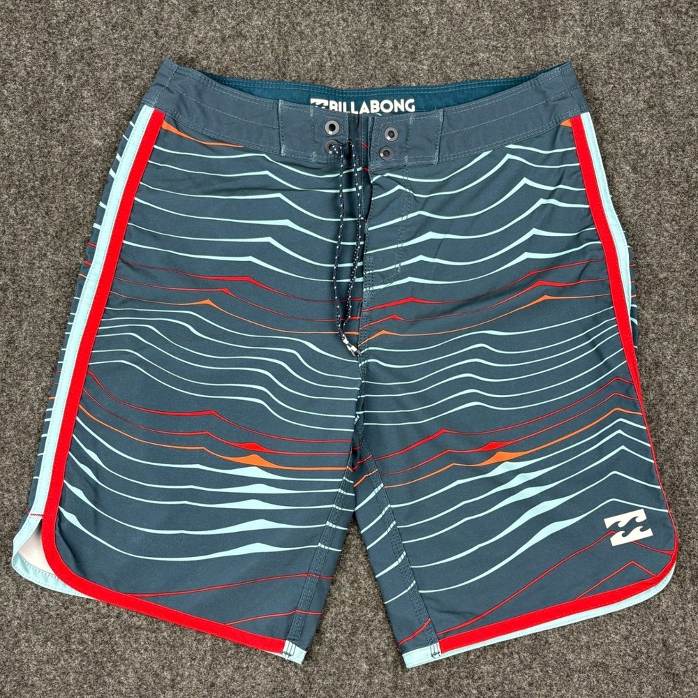 Billabong Platinum X 73 Board Shorts Mens 27 Wavy Teal Blue Orange Swim Trunks